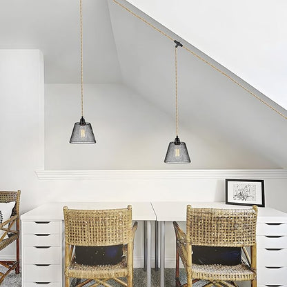 2-Light Plug in Pendant Light with Black Metal Cage Lampshade Ø20cm, E26/E27 Hemp Rope Vintage Hanging Lights Kit with Plug in Cord 19.68ft for Dining Room Living Room, No Bulb