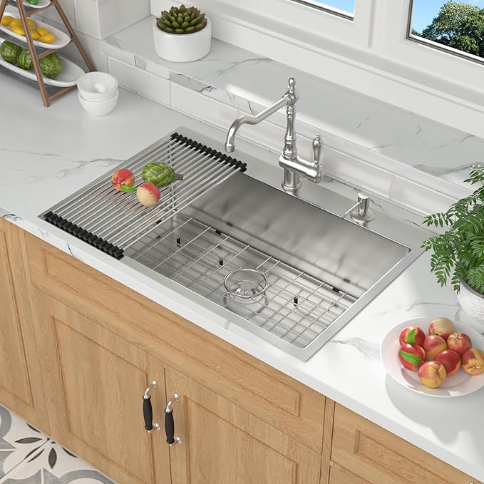 Mocoloo 33 Inch Drop Kitchen Sink - 33 x 22 Inch Stainless Steel Kitchen Sinks Topmount 16 Gauge Single Bowl Above Counter Handmade Sink, T304 Stainless 10'' Deep Basin
