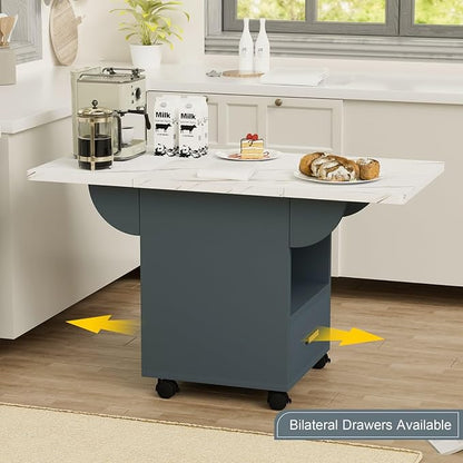 Wood Folding Dining Table with Wheels, Space-Saving Extendable Kitchen Table with Storage Rack and Drawer, Movable Versatile Table for Dining, End Table, or Workspace