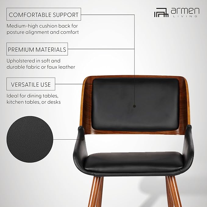 Armen Living Panda Mid-Century Dining Chair in Walnut Finish and Black Faux Leather - Set of 4