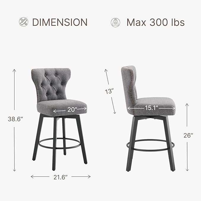 KISLOT Counter Height Barstools 26 inch Upholstered Button Tufted Swivel Bar Stools with Back for Kitchen Island,Set of 2,Dark Grey Fabric