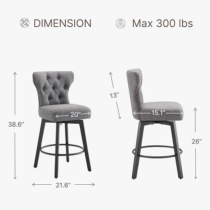 KISLOT Counter Height Barstools 26 inch Upholstered Button Tufted Swivel Bar Stools with Back for Kitchen Island,Set of 2,Dark Grey Fabric