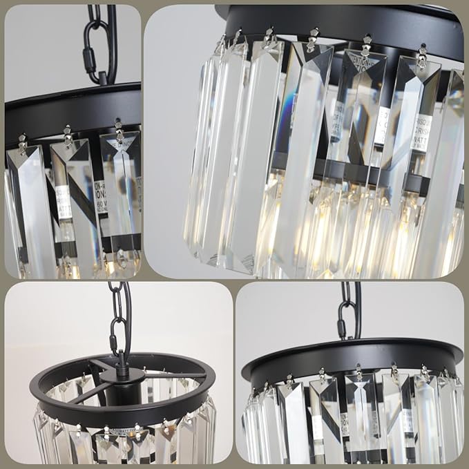 Modern Mini Crystal Chandeliers Small Pendant Light Contemporary Ceiling Pendant Light Fixture for Dining Room, Bedroom, Kitchen Island Entryway 8 Inches, Black