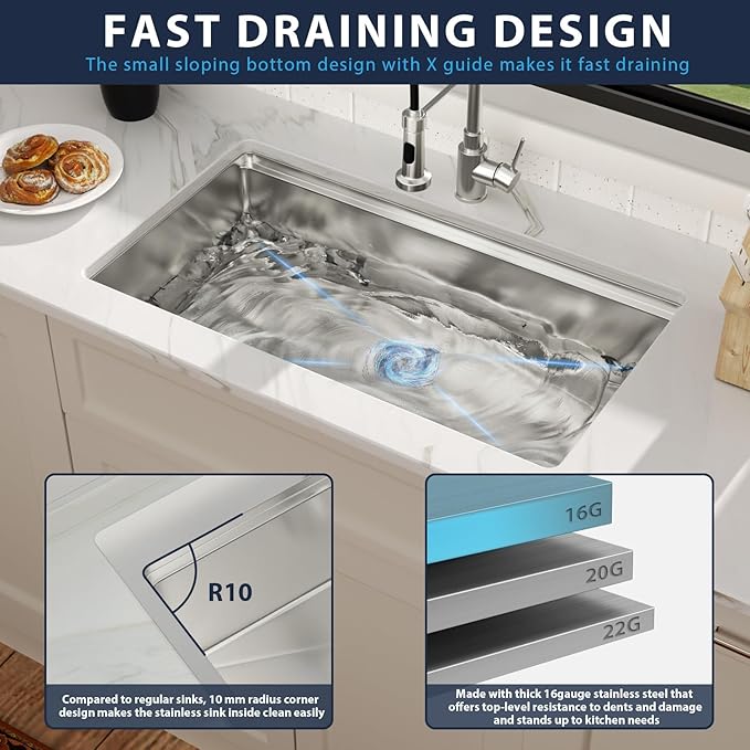33 In Undermount Kitchen Sink Workstation 33X19X10 Inch Stainless Steel Kitchen Sinks 16 Gauge Single Bowl 10 Deep Basin Undermount Handmade Sink