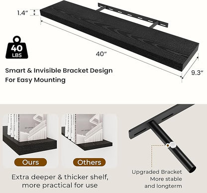Dreamland 40 Inch Long Floating Shelves in White,9.3 Inch Deep Floating Shelf for Wall,Large Display & Storage Shelf, Wall Shelf for Bathroom Bedroom Living Room Kitchen Office，Set of 2