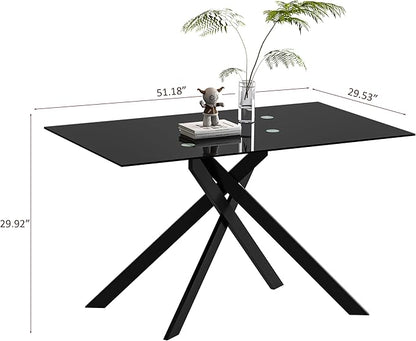 Dining Table with Tempered Glass Top, Modern Glass Dining Room Table Rectangle, Chrome Silver Geometric Metal Leg, Kitchen Table 51" L x 29.5" W x 30" H (All Black, 51" Dining Table)