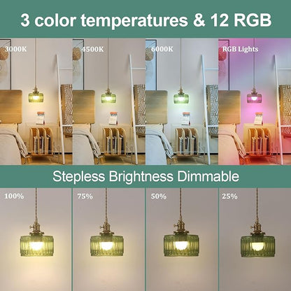 Shenmoyl Battery Operated Pendant Light 5000mAh Rechargeable Chandelier with Remote Control Wireless Adjustable Hanging Green Striped Light for Kitchen Island Dining Room Hallway