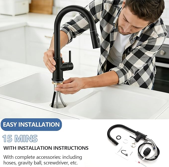 KINFAUCETS Black Kitchen Faucet with Pull Down Sprayer,Single Handle Pull Out Kitchen Sink Faucet,Commercial Farmhouse RV Bar Utility Kitchen Faucets