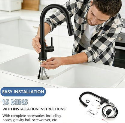 KINFAUCETS Black Kitchen Faucet with Pull Down Sprayer,Single Handle Pull Out Kitchen Sink Faucet,Commercial Farmhouse RV Bar Utility Kitchen Faucets