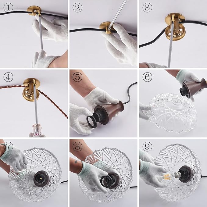 YLONG-ZS Plug in Pendant Light,8 Inch Glass Lampshade Hanging Lights with Plug in Cord Two Ways Switches Industrial Brass Pendant Lights with Plug in Cord for Bedroom