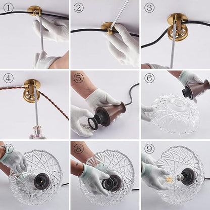 YLONG-ZS Plug in Pendant Light,8 Inch Glass Lampshade Hanging Lights with Plug in Cord Two Ways Switches Industrial Brass Pendant Lights with Plug in Cord for Bedroom