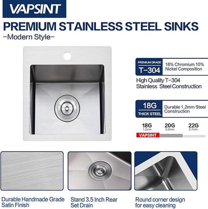 VAPSINT 13x15 Inch Drop In Bar Sink, 13 Inch Top Mount Stainless Steel Small Bar Sink, 16 Guage Handmade Single Bowl for Kitchen Wet Prep Outdoor RV with Grid & Drain Strainer