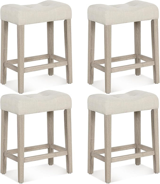 Giantex 24" Bar Stools Set of 4, Upholstered Counter Height Saddle Bar Stools with Footrest and Wood Legs, Farmhouse Button Tufted Backless Barstools for Kitchen Island, Dining Room, Cafe, Beige