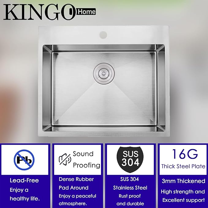KINGO HOME 22x18 Inch Drop in Kitchen Sink,16 Gauge Topmount RV Small Kitchen Bar Sinks,Stainless Steel Outdoor Prep Single Bowl Workstation Wet Bar Sink with Stainless Steel Strainer