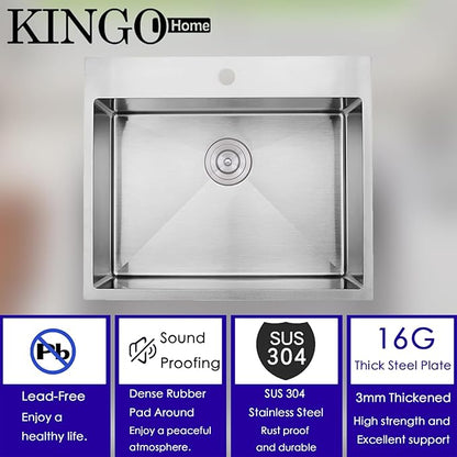 KINGO HOME 22x18 Inch Drop in Kitchen Sink,16 Gauge Topmount RV Small Kitchen Bar Sinks,Stainless Steel Outdoor Prep Single Bowl Workstation Wet Bar Sink with Stainless Steel Strainer