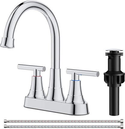 FORIOUS 4 Inch Bathroom Faucets for Sink 2 or 3 Hole, Chrome Centerset Bathroom Sink Faucet with Pop up Drain and cUPC Hose, 360° spout, Two Handles for Restroom,Vanity, RV Remodel