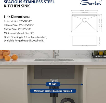 Sarlai 27 Undermount Kitchen Sink - 27 x 18 Kitchen Sink Undermount Single Bowl 16 Gauge Stainless Steel Under Counter Kitchen Sinks Round Corner Basin