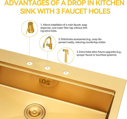 LQS Gold Kitchen Sink 33x22, Gold Drop In Kitchen Sink with 3 Holes, 33 Inch Large Top Mount Stainless Steel Handmade Sturdy 16 Gauge T304 with Abundant Accessories, R10 Round Corner