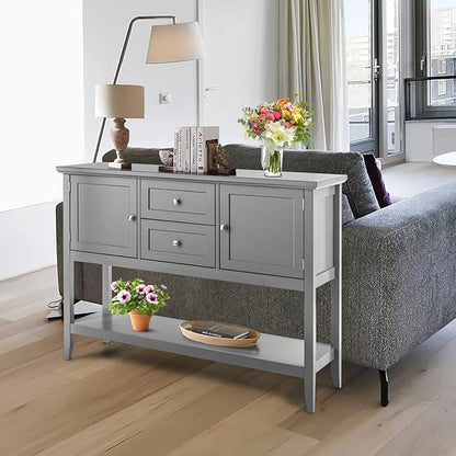 Byroce Farmhouse Coffee Bar Cabinet, Wood Kitchen Island with 2 Cabinets, Storage Drawers & Open Shelf, Buffet Sideboard Console Table for Home Living Room, Kitchen, Dining Room (Grey)