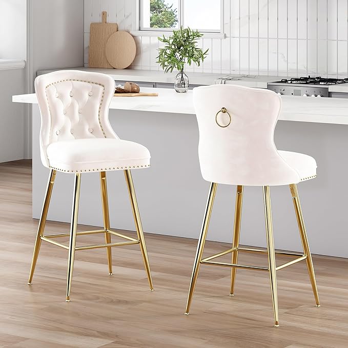 Luxurious Velvet Counter Height Bar Stools Set of 2 with Metal Legs, Button Tufted, Nailheads Trim, Wing-Back Bar Chairs for Kitchen Island Dining Room Pub(Beige)
