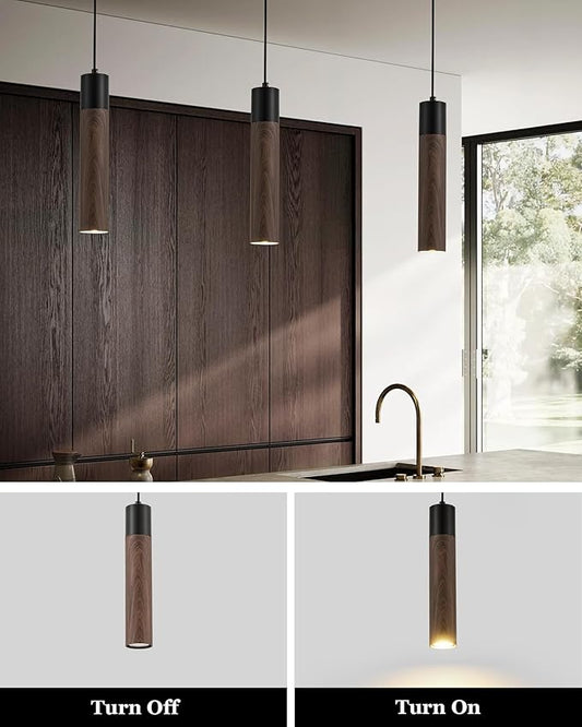 ELYONA Modern Pendant Light Fixtures, Walnut Wood Grain & Matte Black Metal, Industrial Cylinder Hanging Pendant Light for Kitchen Island Dining Room Bedroom Living Room, GU10 LED Bulb Included