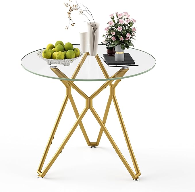 SSLine 35.4" Round Glass Dining Table for 2-4 Modern Circle Glass Tabletop Kitchen Table for 4 Luxury Dinner Tables with Gold Nest Metal Base for Home Kitchen Dining Room(Table Only)