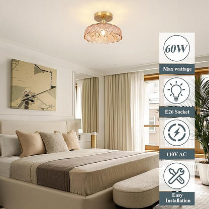 Hallway Lights Fixture Ceiling,Amber Semi Flush Mount Ceiling Lights,9.4" Flower Light E26 Vintage Light Fixtures for Closet Hallway Kitchen Dining Room