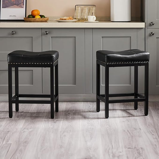 Sweetcrispy 24 inch Bar Stools Set of 4, Upholstered Modern Counter Height Bar Stools for Kitchen Island Modern PU Leather Sadless Stools Chair with Metal Base and Footrest,Black