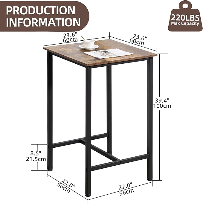 Finnhomy Bar Table, 23.6" Pub High Top, Square Bar Height, Counter Height Cocktail, Small Kitchen Set for 2, Breakfast for Kitchen, Living Room, Rustic Brown
