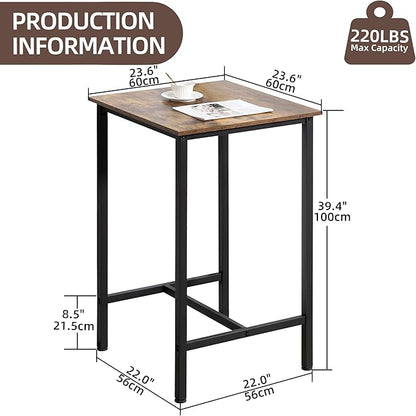 Finnhomy Bar Table, 23.6" Pub High Top, Square Bar Height, Counter Height Cocktail, Small Kitchen Set for 2, Breakfast for Kitchen, Living Room, Rustic Brown