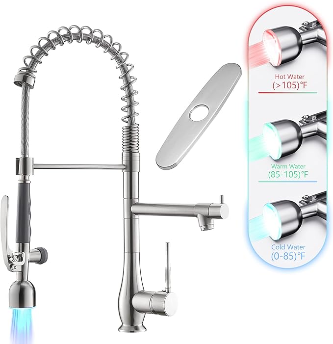 GIMILI Kitchen Faucet with LED Single Handle Kitchen Sink Faucet with Pull Down Sprayer Commercial Double-Headed Stainless Steel Kitchen Faucets Sink with Deck Plate, Brushed Nickel