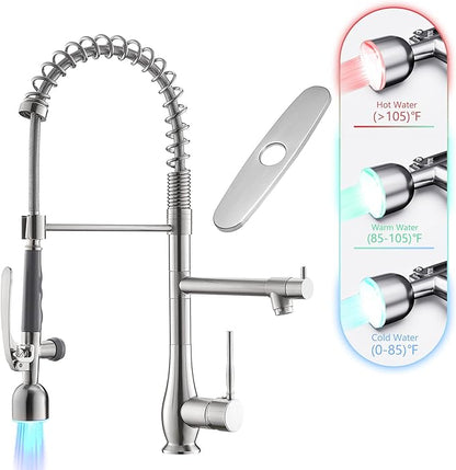 GIMILI Kitchen Faucet with LED Single Handle Kitchen Sink Faucet with Pull Down Sprayer Commercial Double-Headed Stainless Steel Kitchen Faucets Sink with Deck Plate, Brushed Nickel