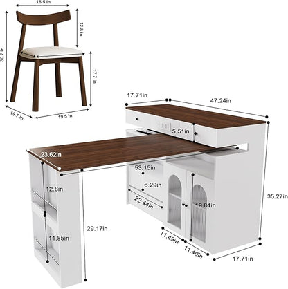 Kitchen Island Set with 2 Solid Wood Chairs, Extendable Rotating Table,with Walnut Veneer Retro Design, 4 Drawers Glass Door Cabinets, Expandable Dining Station for 2 4 Person