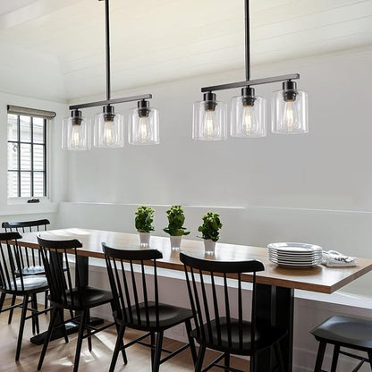 3-Light Kitchen Island Lighting, Black Pendant Light Fixture, Farmhouse Dining Room Light Fixtures Over Table, Modern Hanging Light Fixtures with Clear Glass, E26 Base, Bulbs Not Included