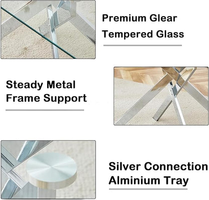 Modern Dining Table for 6 People, 60" Rectangle Dining Room Table with Silver Chrome Metal X-Base, Rectangular Tempered Glass Dining Table, Kitchen Dining Room Tables Luxury Dinner Table