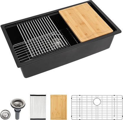 Dcolora Matte Black Quartz Kitchen Sink 33” Undermount Single Bowl, Workstation Design with Accessories, Durable Heat & Scratch Resistant Granite Sink #DC-GU7743