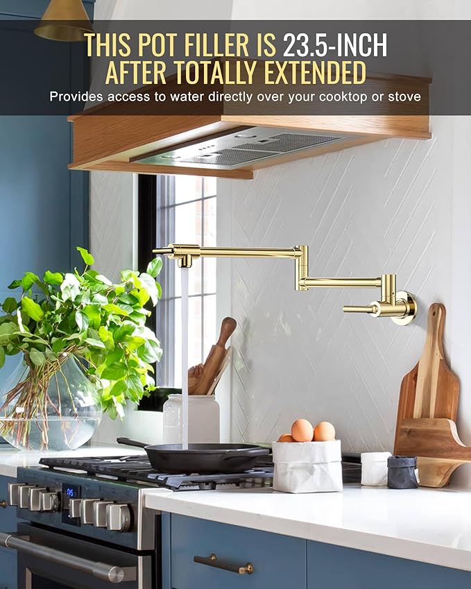 WOWOW Pot Filler Faucet Polished Brass, Kitchen Pot Filler Wall Mount Stove Faucet with Double Joint Swing Arms