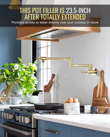 WOWOW Pot Filler Faucet Polished Brass, Kitchen Pot Filler Wall Mount Stove Faucet with Double Joint Swing Arms