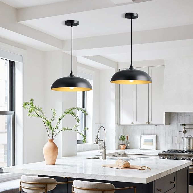 Eustace Ceiling Mounted 14 inch Round Dome Modern Farmhouse Style Chandelier, Matte Black Metal Pendant Light Fixture,Kitchen Island, Dining Room,Bedroom, Hallway