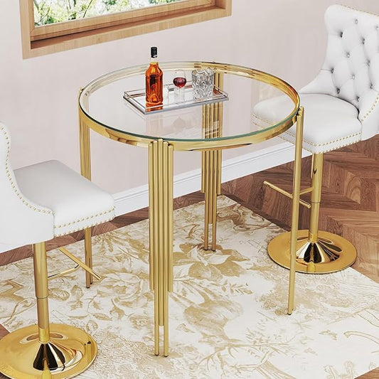 37" Round Bar Table for 2 4, Modern High Pub Table with Clear Tempered Glass Top and Polished Gold Stainless Steel Legs, Counter Height Table for Kitchens, Apartments, and Small Spaces
