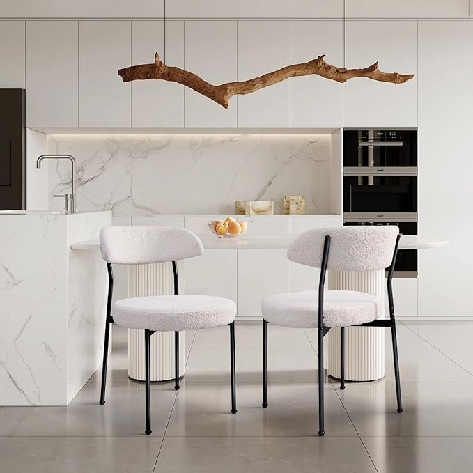 White Boucle Dining Chair Set of 2, Modern Oval Upholstered Dining Chairs with Curved Back and Metal Leg for Dining Room,Restaurant,Kitchen Island(Black Leg)