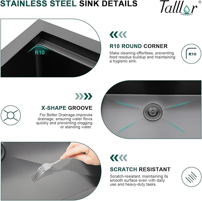 36 Inch Drop In Kitchen Sink with Faucet Combo - 36x22 Workstation All-In One Drop In Gunmetal Black NANO-PVD 16 Gauge Stainless Steel Kitchen Sink Topmount Single Bowl Large Sinks #TLT-0025