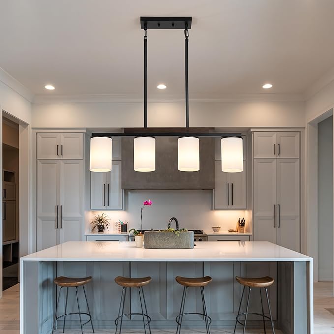 Mecgirn Farmhouse Dining Room Light Fixtures Over Table, Black Pendant Lights for Kitchen Island with Milk Glass Shade, 4 Light Linear Chandelier Lighting with Wood