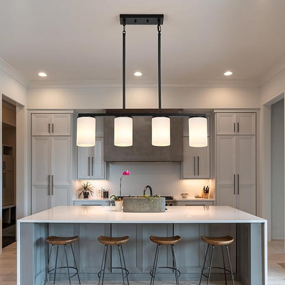 Mecgirn Farmhouse Dining Room Light Fixtures Over Table, Black Pendant Lights for Kitchen Island with Milk Glass Shade, 4 Light Linear Chandelier Lighting with Wood