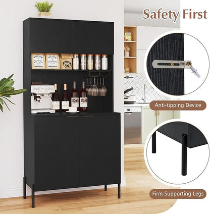 Giantex 64.5" Kitchen Pantry Cabinet with Charging Station, Tall Buffet Hutch with Storage Cabinets, Adjustable Shelf, Wine Racks, Modern Sideboard for Dining Room, Living Room, Coffee Bar, Black