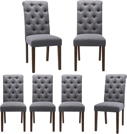 Tufted Dining Chairs Set of 6, Upholstered Parsons Dining Room Chairs, Fabric Kitchen Side Chair with Wood Legs, Dark Grey