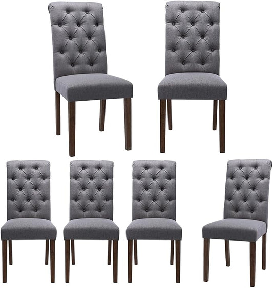 Tufted Dining Chairs Set of 6, Upholstered Parsons Dining Room Chairs, Fabric Kitchen Side Chair with Wood Legs, Dark Grey