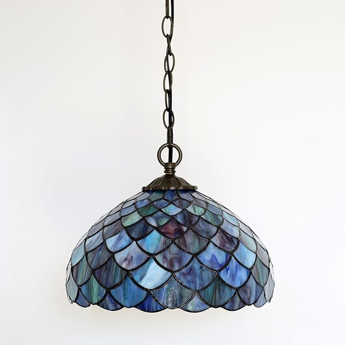 Tiffany Pendant Light Plug-in Stained Glass Hanging Lamp 12”x12”x181” Blue Fish Scales Swag Light Decorative Vintage Lighting for Dining Room Living Room Kitchen Hallway Bedroom