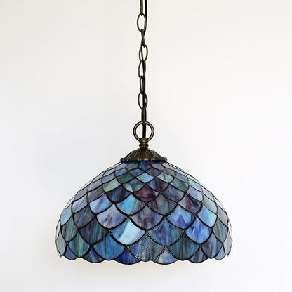 Tiffany Pendant Light Plug-in Stained Glass Hanging Lamp 12”x12”x181” Blue Fish Scales Swag Light Decorative Vintage Lighting for Dining Room Living Room Kitchen Hallway Bedroom