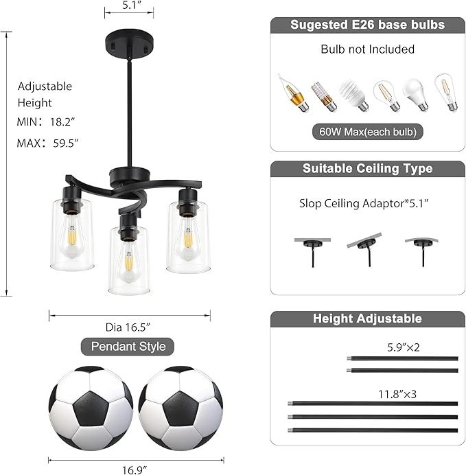 Sigaitwei 3-Light Modern Farmhouse Chandelier for Dining Room Light Fixtures，16.5" Black Kitchen Island Pendant Lighting, Adjustable Hanging Light for Dining Room with Clear Glass Shades